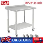 30*24*35inch Stainless Steel Catering Work Top Prep Table Work Bench Wheel Baffl