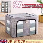 3X 66L Foldable Storage Box Made Of Thick Fabric Steel Frame Wardrobe Organizer