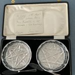 Antique Cased Pair Cut Glass Dishes/Coasters with 2 Spreaders & June 1931 Note