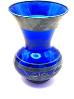 Cobalt Blue glass bud vase electro plated silver paint Italian 8cm tall 