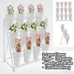 3-Layer Flower Display Stand with 12 Buckets Metal Plant Stand on Wheels UK