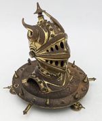 NOVELTY ANTIQUE KNIGHTS HELMET GILT BRASS INKWELL c1900
