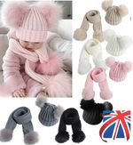 Baby Double Pom Pom Hat and Long Scarf Set Bobble Beanie Knit Hat Boy Girl 0-3yr