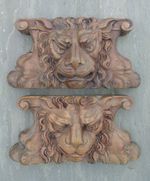 Pair of 19th Century Carved Wooden Lion Mask Capitals Architectural Baroque