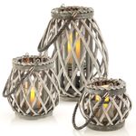 LIVIVO Willow Lanterns Set of 3 Grey Wicker Candle Holders with Hemp Rope