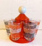 Vintage 50s 60s Set of Shot Glasses and Red Plastic Holder.