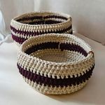 2x Round Croched Storage Baskets Beige/Burgundy Striped 25cm x13cm New. Handmade