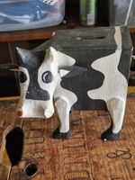 Vintage Hand-painted Wooden Cow Money Box. Piggy Bank.
