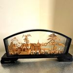 San You Chinese carved pagoda landscape scene cork diarama on black lacquer base