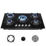 Gas Hob 5 burners, 77cm Black Tempered Glass Gas Hob with Cast Iron Supports