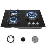 OYAJIA 58cm Black 3 Burner Gas On Glass Hob With Cast Iron Pan Stands Blzuquuvve