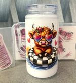 16oz handled milkshakes snowglobe  & straw. Cute highland cow designs.
