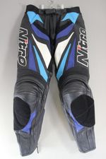 NITRO BLACK, BLUE & WHITE LEATHER BIKER TROUSERS + CE ARMOUR: WAIST 32"/LEG 29"
