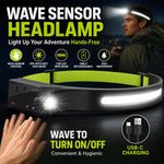 Rechargeable Head Torch, 230° Wide Beam COB LED, Motion Sensor, USB-C Camping UK