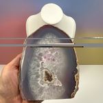 Polished Agate Geode Slice Mineral Specimen w/ Druzy Crystal Centre Grey/Purple