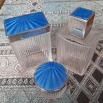 1934-1935 Silver Hallmarked Guilloche Blue Enamel Cut Glass Perfume Bottles &Jar