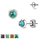  Pair Bezeled Round Semi Precious Stud Silver Stainless Steel Earrings Turquoise
