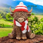 Highland Cow With Red Football Hat &  Scarf Ornament Resin In Gift Box 12cm