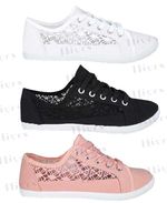 WOMENS PUMPS SUMMER CANVAS SHOES TRAINERS PLIMSOLL LACE UP FLAT EMBROIDERED PUMP