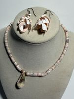 Pink Puka Shell Heishi Beaded Necklace & Flower Dangle Earring Set