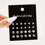 12 Pairs Stainless Steel Silver Stud Earrings Set CZ Round Crystal Men Women Kid