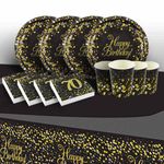 70th Birthday Party Pack Gold Black Kit Set Plates Napkins Cups Tablecover