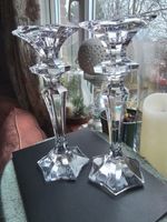 TWO BEAUTIFUL TALL HEAVY CRYSTAL GLASS 10" CANDLESTICKS - STAR BASE & TOP EDGE 