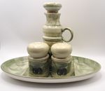 Vintage Jersey Pottery Olive Set - 4 Pc Cruet & Divided Tapas Dish Hand Painted