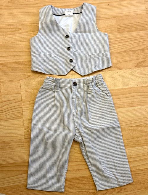 Mamas & Papas 3-6M 2pc Grey/White Striped Corduroy Waistcoat & Trousers — image 1