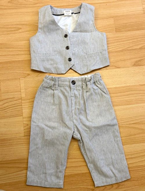 Mamas & Papas 3-6M 2pc Grey/White Striped Corduroy Waistcoat & Trousers