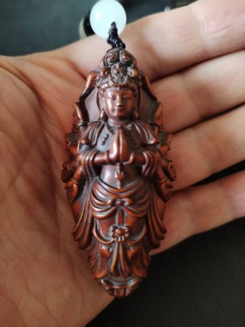 Vintage Chinese Boxwood Carved Thousands Hands Guanyin Statue Ornament