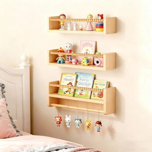 3PCS Nursery Shelves 40cm Floating Book Shelf  Wall Solid Wood Kids Bookshelf UK