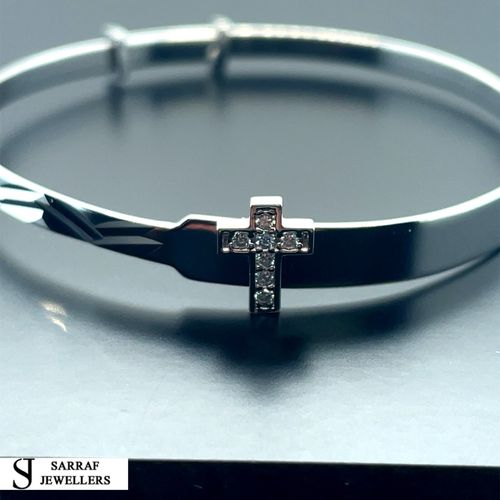 Personalized 925 Sterling Silver Christening Baby Bangle D/C Cz Cross Engravable — image 7