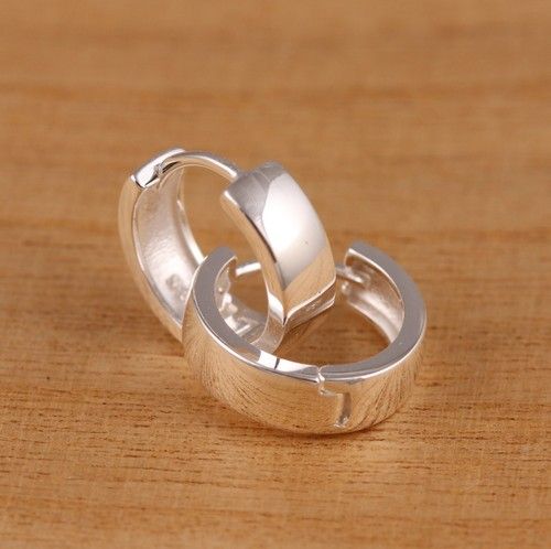 925 Sterling Silver 14mm x 4mm Plain Huggie Hoop Earrings Men's Ladies Hoops Box