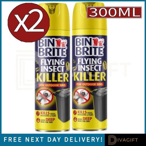2 x BIN BRITE FLY KILLER SPRAY 300ML OUTDOOR BIN MAGGOT EGG CONTROL EASY TO USE