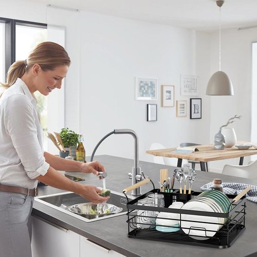 Handle Kitchen Dish Drainer Rack with Drip Tray Cutlery Holder — image 3