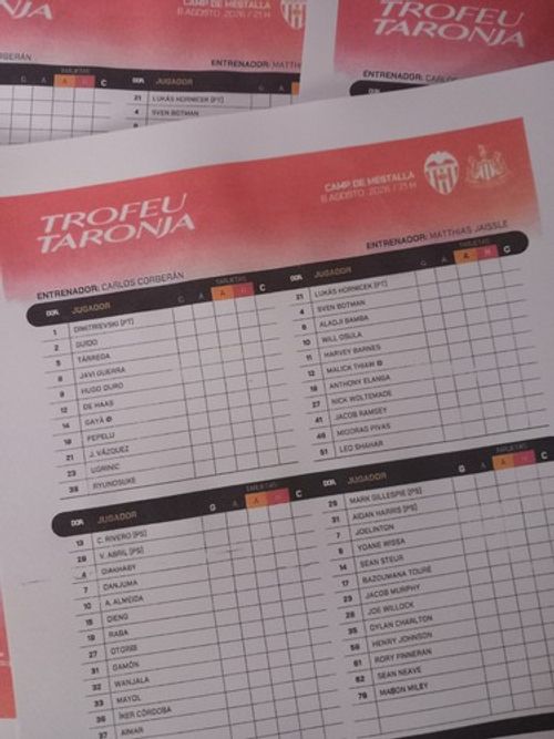 2026-27 VALENCIA  v NEWCASTLE UNITED (TEAM-SHEET) 08/08/2026
