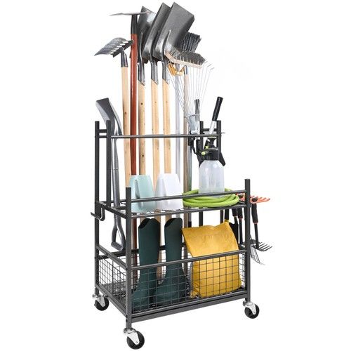 VEVOR Garden Tool Storage Rack with Wheels Garage Organizer 16 Slots with Hooks