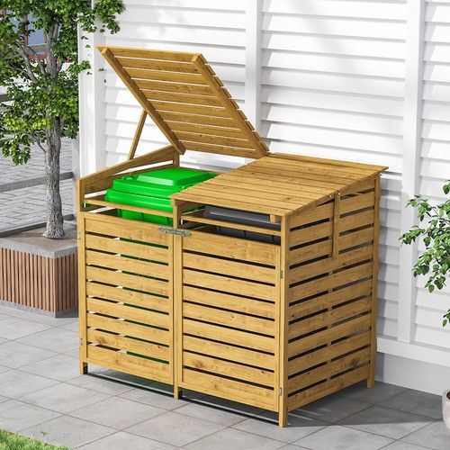 WOODEN WHEELIE BIN STORE OUTDOOR CUPBOARD FOR GARDEN STORAGE DUSTBIN SHED DOUBLE