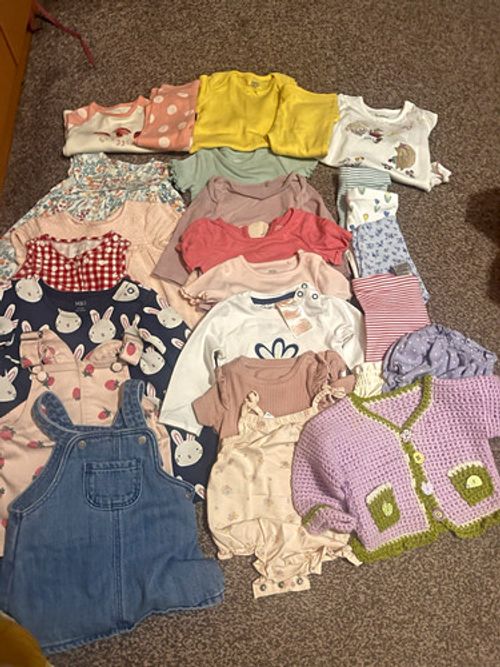 M&S Baby Girls Clothing Bundle 17 Items Dresses Tops Leggings Dungarees Cardigan