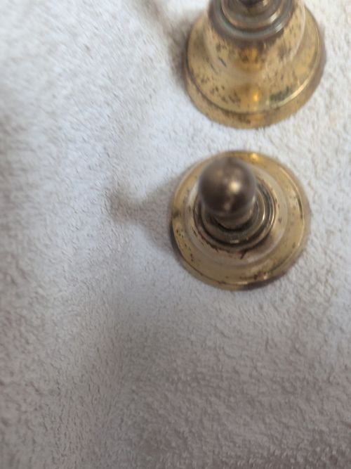 Pair Vintage Solid Brass Hand Bells Made In England School Dinner Call Lead — image 6