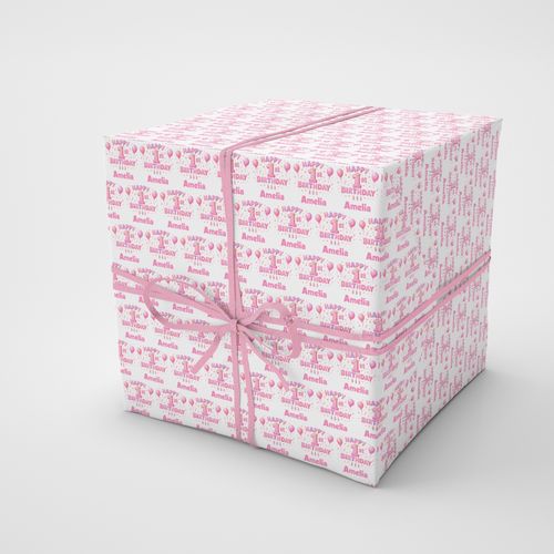 Wrapping Paper Pink 1st Birthday Personalised Name Baby Girl Premium Gift Wrap — image 5