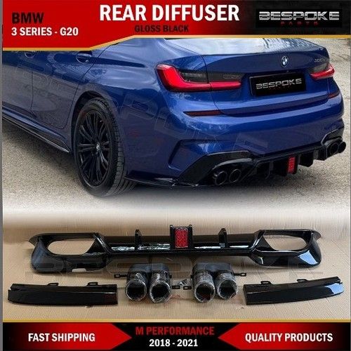 FOR BMW 3 SERIES G20 G21 M SPORT GLOSS BLACK REAR DIFFUSER WITH LIGHT+TIPS 2018+