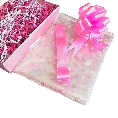 Baby Girl Make Your Own DIY Hamper Kit Pink Dots Cellophane Wrap + Shred + Bow