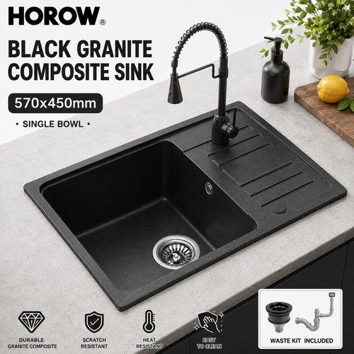 HOROW Black Granite Composite Kitchen Sink 570x450mm Single Bowl Waste Kit
