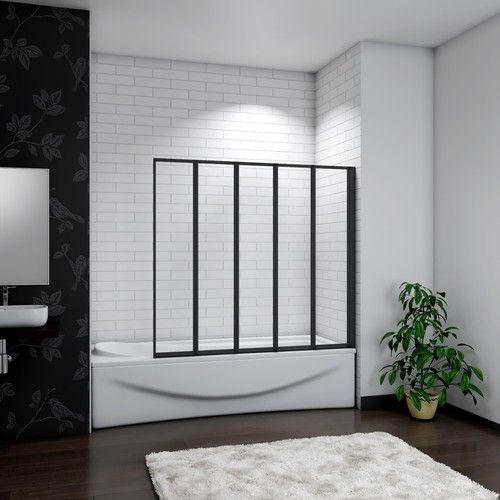Black Grid / Folding Bath Shower Screen Safety Tempered Glass Wet Room Panel