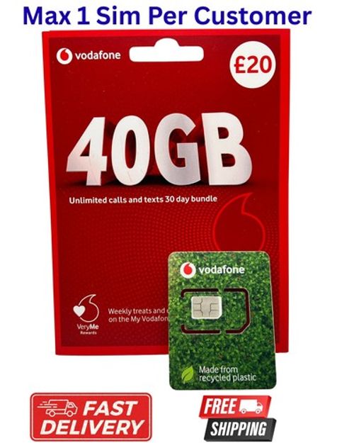 1 x New Vodafone SIM Card Pay As You Go - £20 Pack- 40GB - PAYG