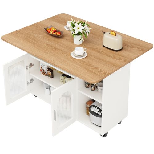 Kitchen Island w/ Drop Leaf, Glass Doors, Serving Trolley Storage Cabinet, White — image 10