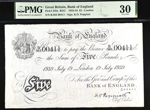 £5 White Five Pound Bank Note Peppiatt B241 335a PMG 30 1939 Large Britain
