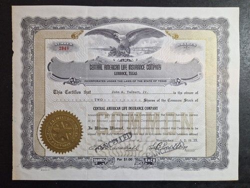 Central American Life Insurance Company - 1959 Stock Shares Certificate (B24034)